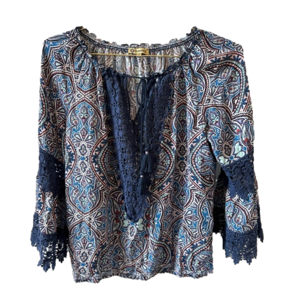 Democracy Bohemian Blue Size Small Top Bell 3/4 Length Sleeve Paisley Lace